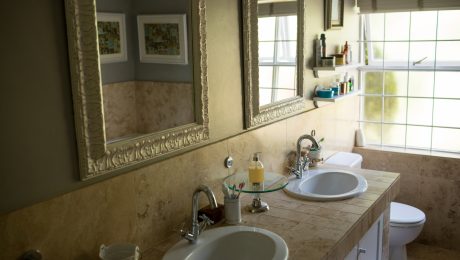 mirror over sinks in bathroom